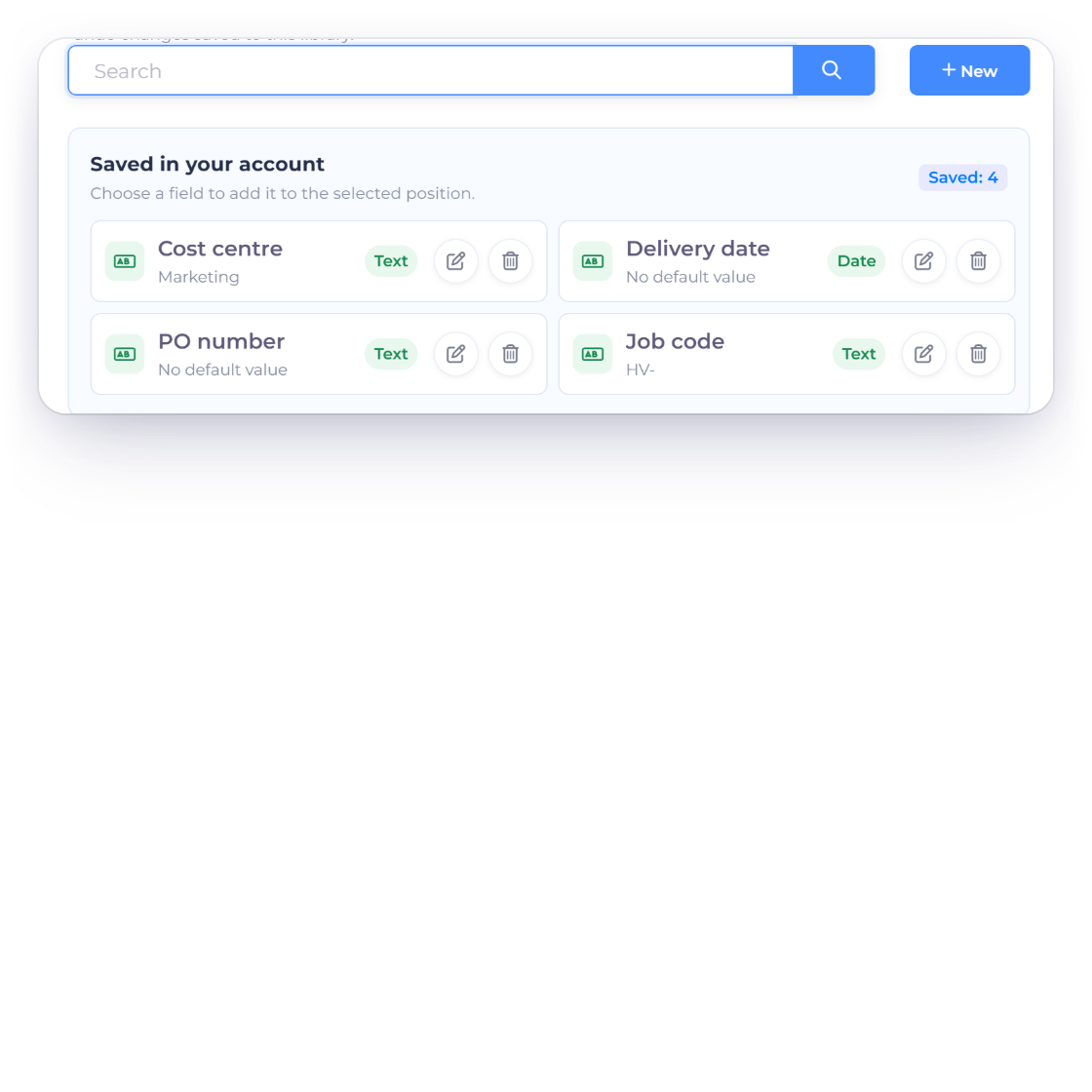 The Invoice Crowd custom-field picker on an invoice with search, New and four saved fields such as PO number, Delivery date and Cost centre with their types, next to the five field types Text, Date, Number, Long text and Link