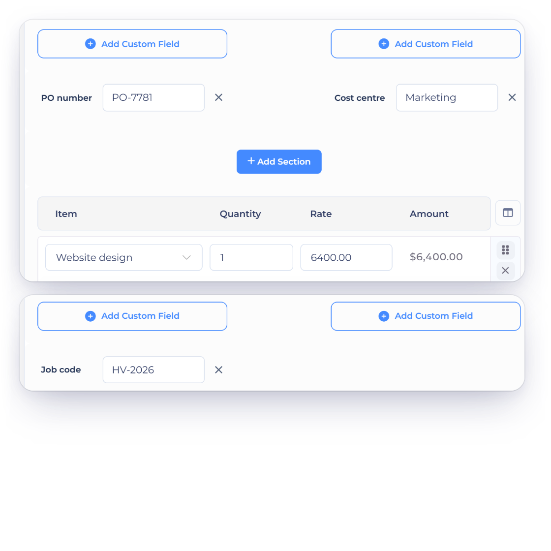 The Invoice Crowd invoice editor with Add Custom Field buttons above and below the items, a PO number and a cost centre above the line items and a job code below them