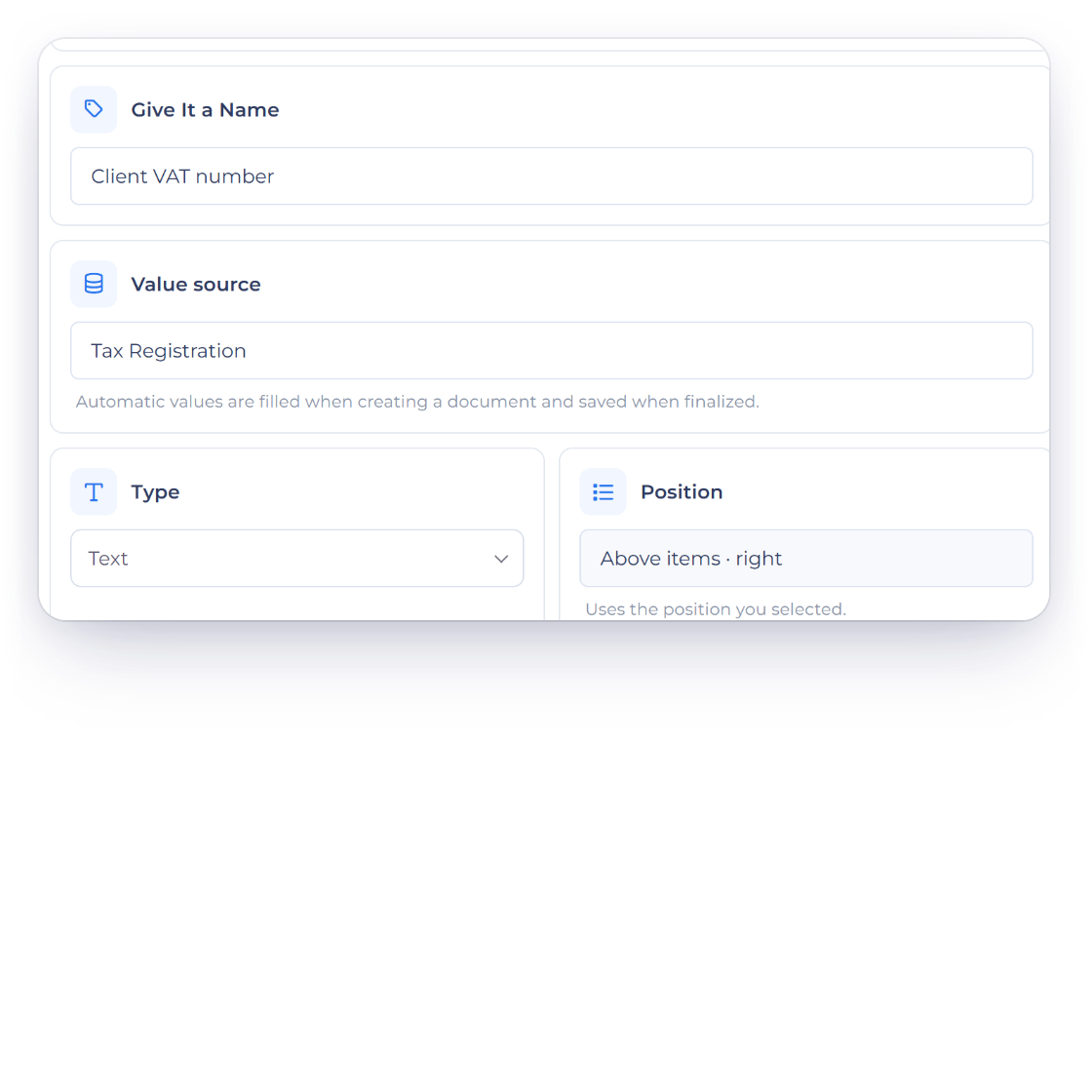 The new custom field form in Invoice Crowd for a Client VAT number field with Value source set to the customer Tax Registration, the Text type, its position, and the note that automatic values are filled when a document is created and saved when it is finalized