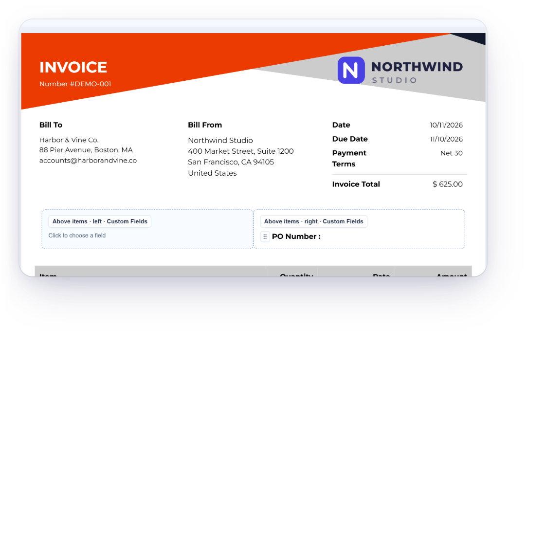 The Invoice Crowd template builder Add Elements panel with the four custom-field areas, Above items · right selected and Add custom field, and a PO number field placed above the items on Template 5