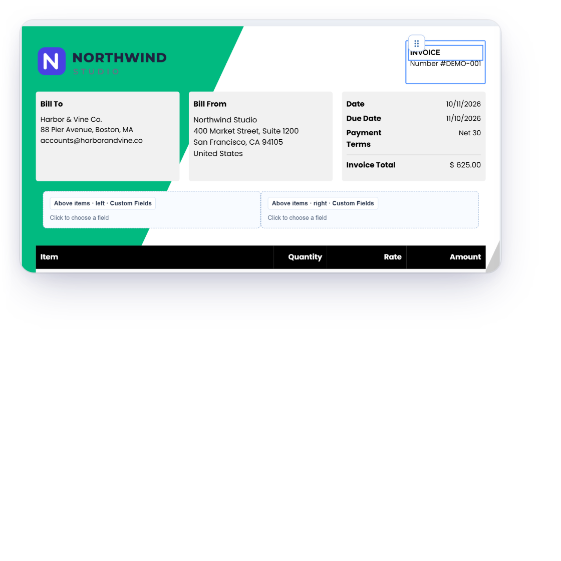 The Invoice Crowd template builder with Template 6, the document title selected and the Design tab showing Text color, Background and the Raleway font family, next to saved designs such as Northwind Studio and Template 5