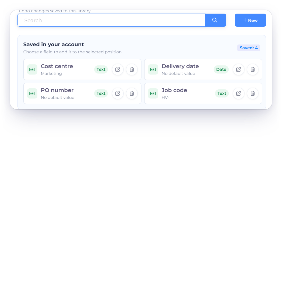 The Invoice Crowd estimate editor with custom-field editing controls on and the custom-field picker open, listing saved fields such as PO number, Delivery date and Cost centre, and the fields as they appear on the estimate