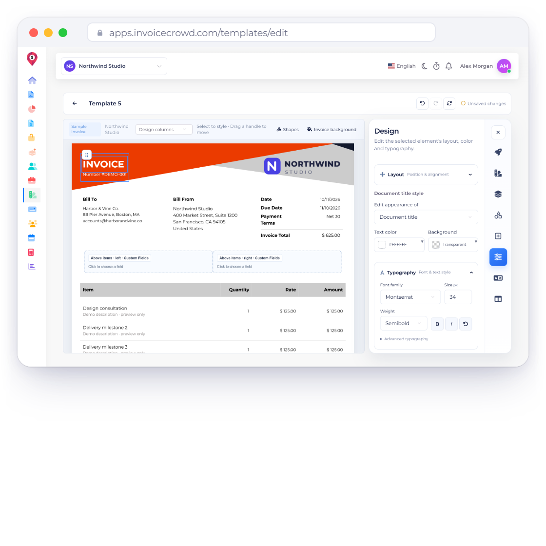 The Invoice Crowd drag-and-drop template builder with Template 5 on the canvas and the Design tab open on Typography, next to the font list, the eight document languages and a design saved message