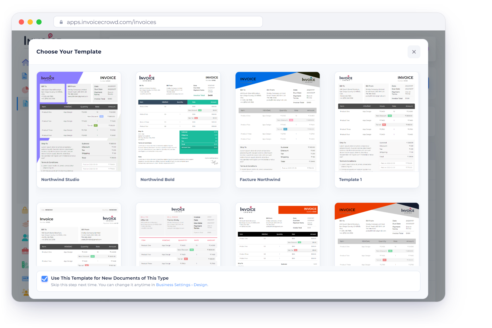 The Choose Your Template window in Invoice Crowd shown when creating an invoice, with saved designs and the provided templates, and the owner option Use This Template for New Documents of This Type