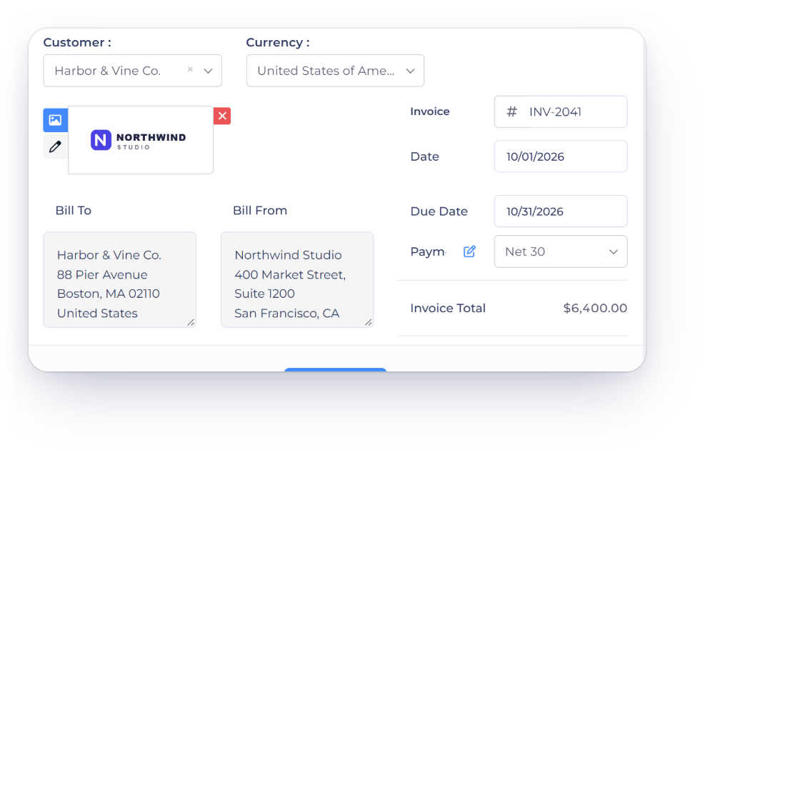 The Invoice Crowd invoice editor for INV-2041 with Download Invoice as PDF in the Actions panel, and the Choose Your Template option Use This Template for New Documents of This Type