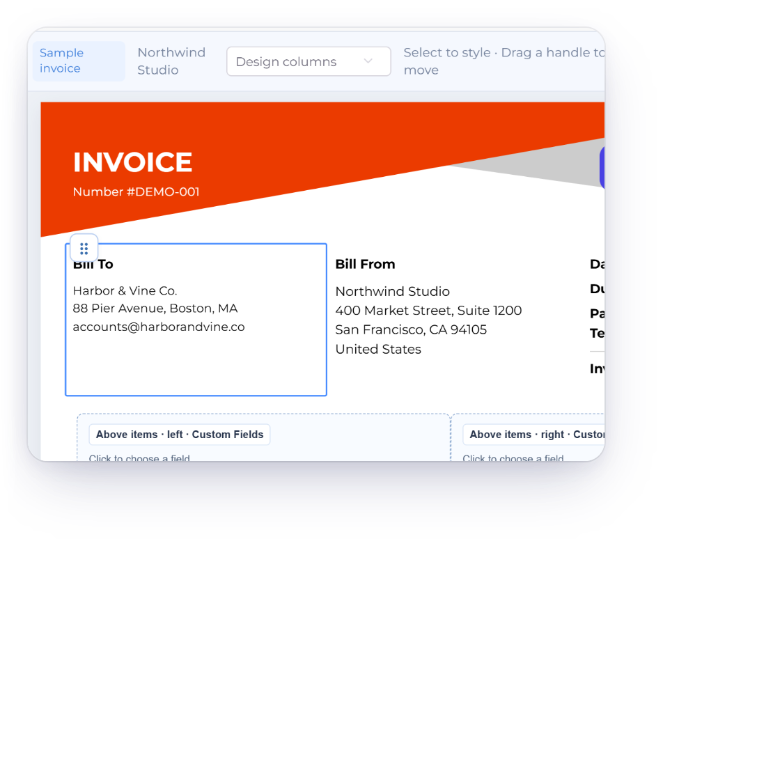 The Invoice Crowd template builder with the Bill To block selected on the canvas, the Layers panel listing the invoice structure with Bill to highlighted, and the Undo, Redo and Reset all changes buttons