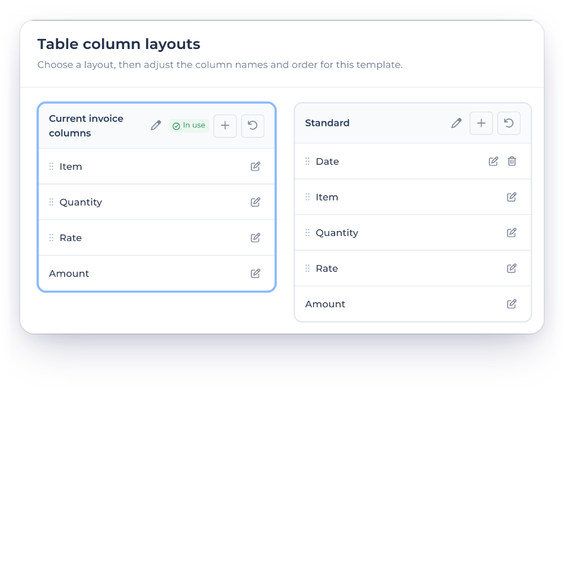 The Table column layouts chooser in the Invoice Crowd template builder with the current invoice columns and a Standard layout with a Date column, next to the Add Elements areas above and below the items and the Add custom field button
