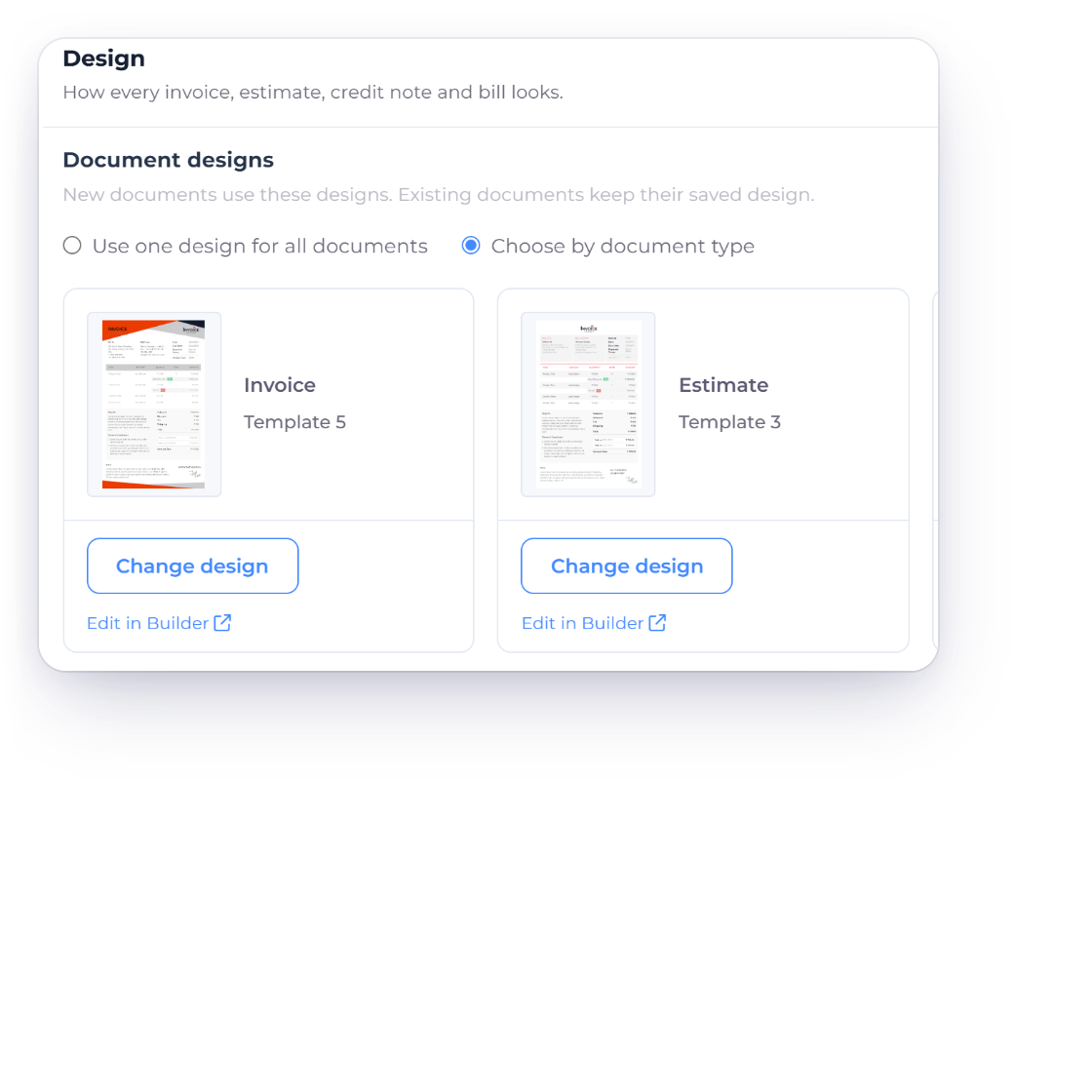 Business Settings Design in Invoice Crowd set to Choose by document type, with Template 5 for invoices and Template 3 for estimates, Change design and Edit in Builder, and the nine document types with the design each one uses