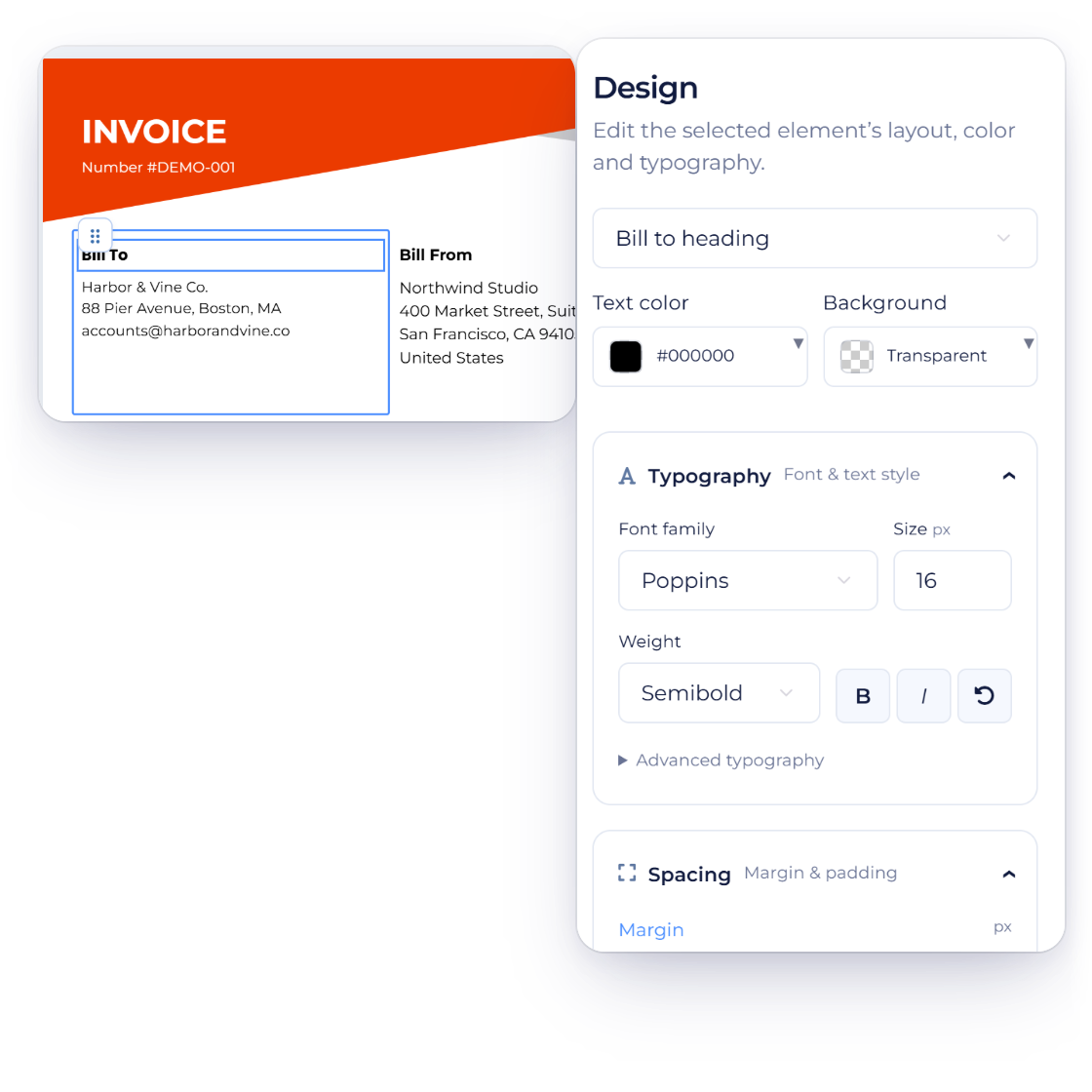 The Design tab of the Invoice Crowd template builder for the Bill To heading, with Text color, Background, Typography set to Poppins and the Spacing controls, beside the canvas