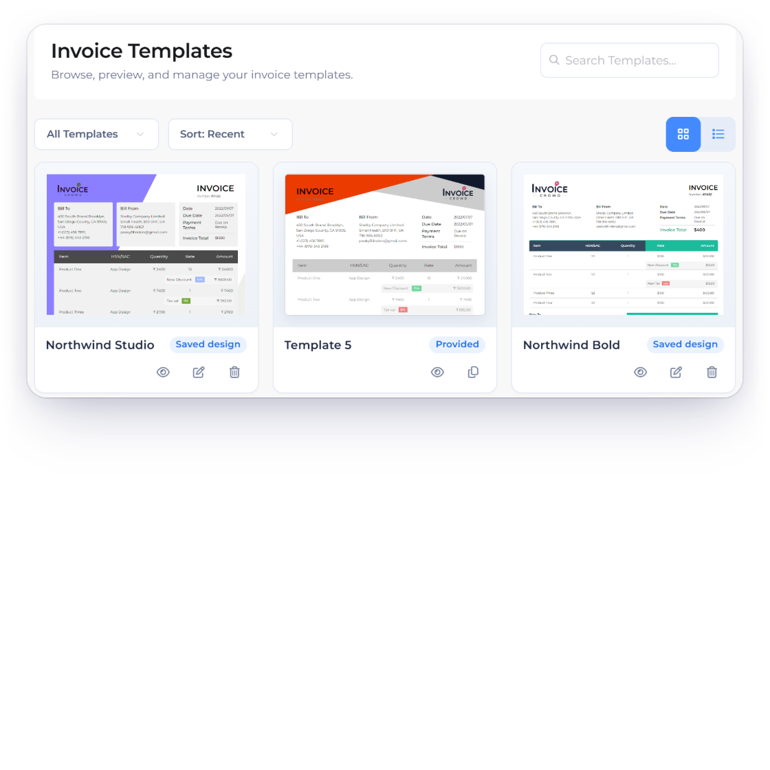 The Invoice Templates gallery in Invoice Crowd with saved designs marked Saved design and a provided design marked Provided, the All Templates filter and the Edit and Customize actions