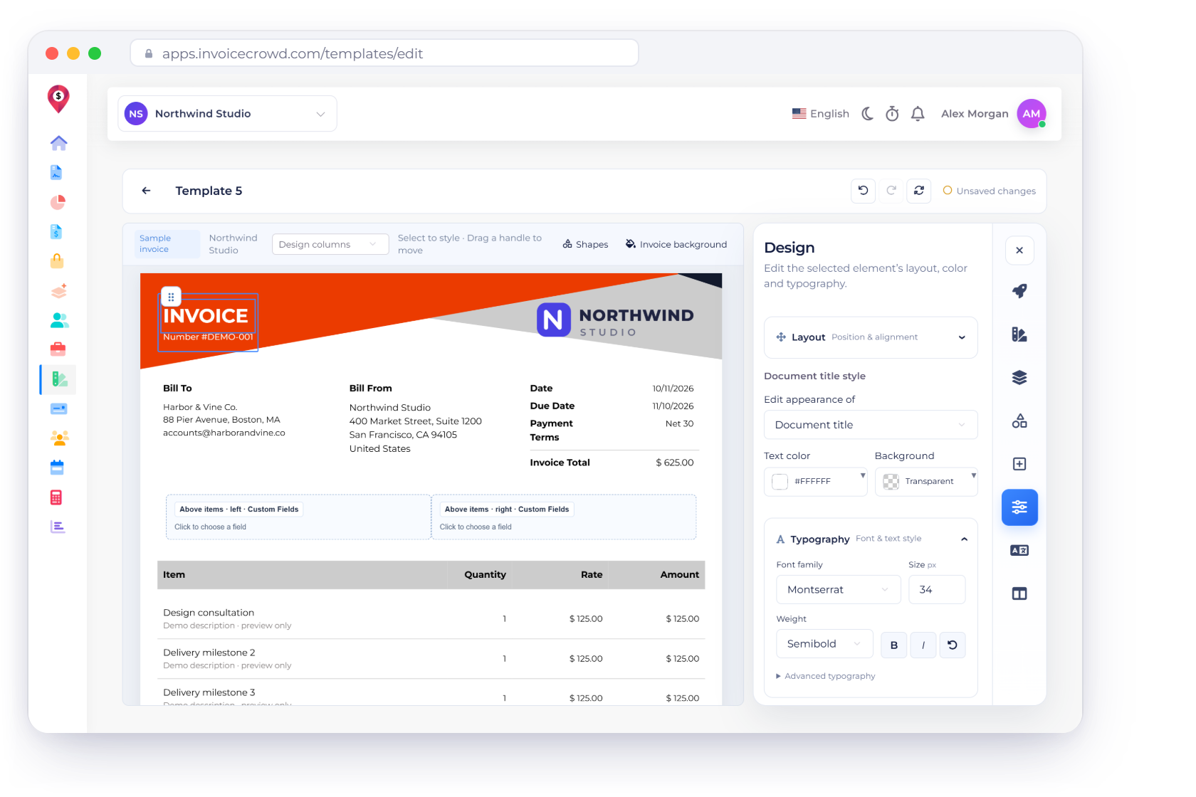 The Invoice Crowd template builder with Template 5 on the canvas, the document title selected and the Design tab open on Typography with Montserrat, next to the eight document languages and a design saved message