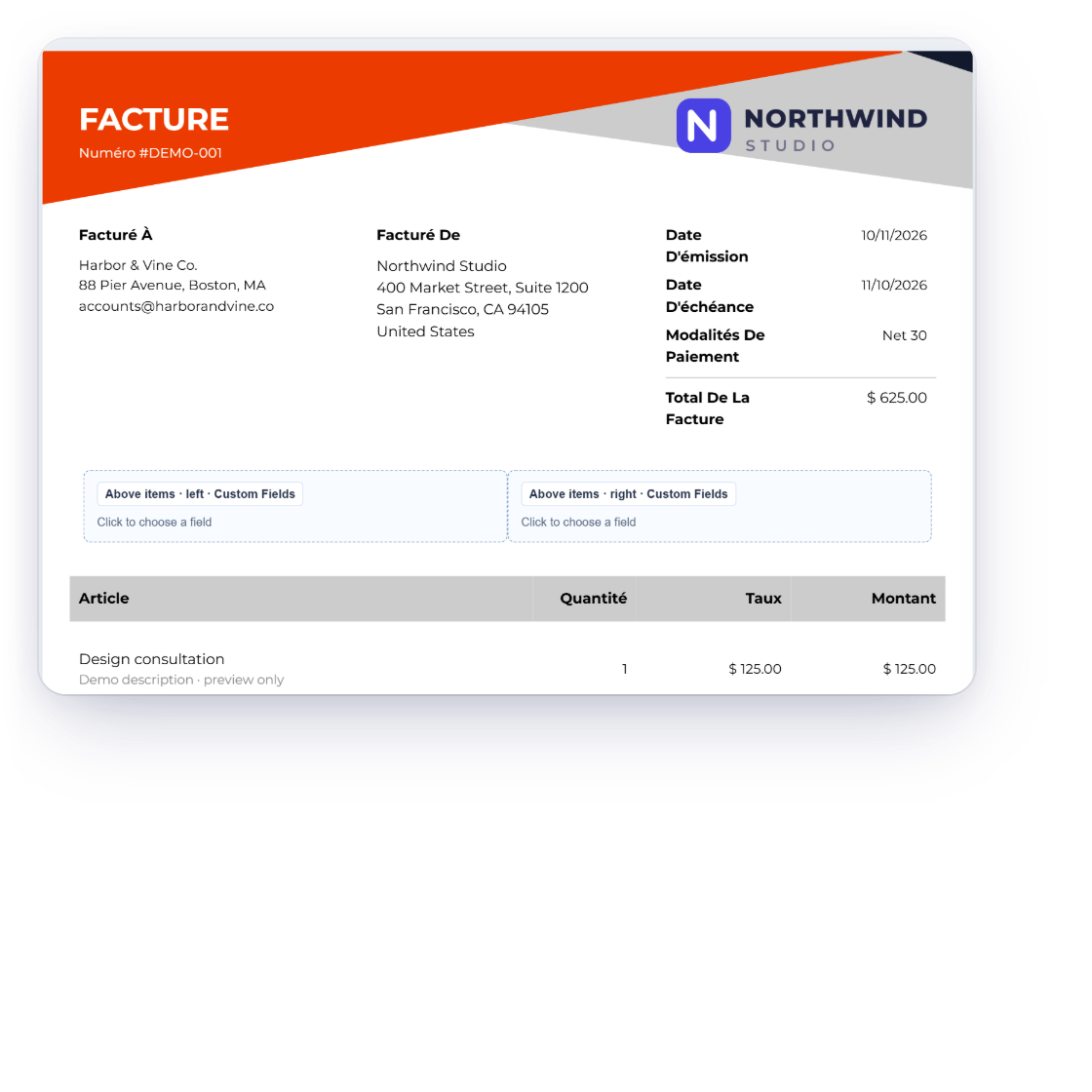 The Invoice Crowd template builder with Document language set to French and the labels applied, so the canvas reads Facture, Facturé à, Article, Quantité, Taux and Montant while the typed item names stay as entered