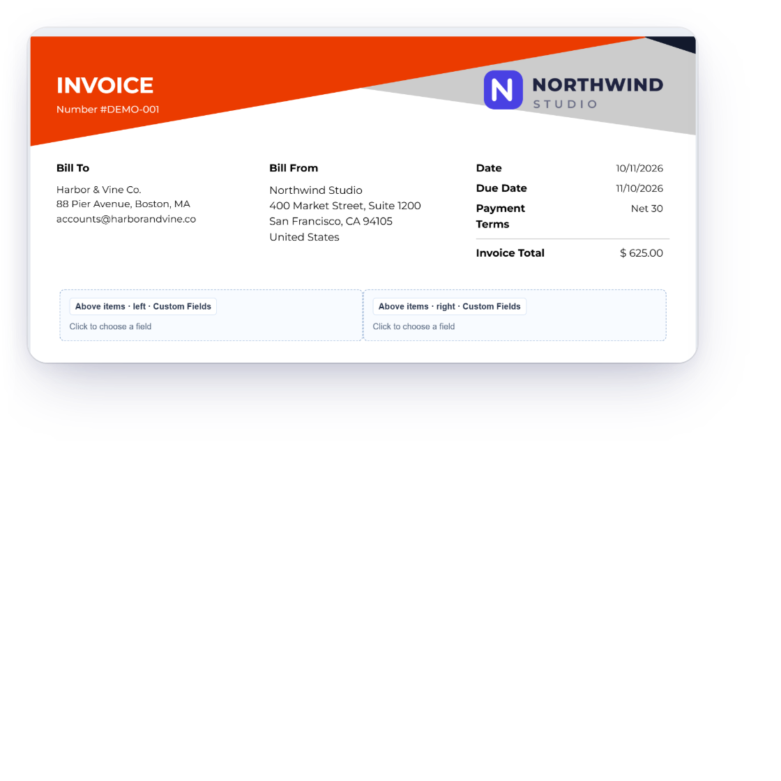 The Actions panel of the Invoice Crowd template builder with Preview PDF, Save template and the Use for new invoices switch turned on for Northwind Studio, beside the Template 5 design