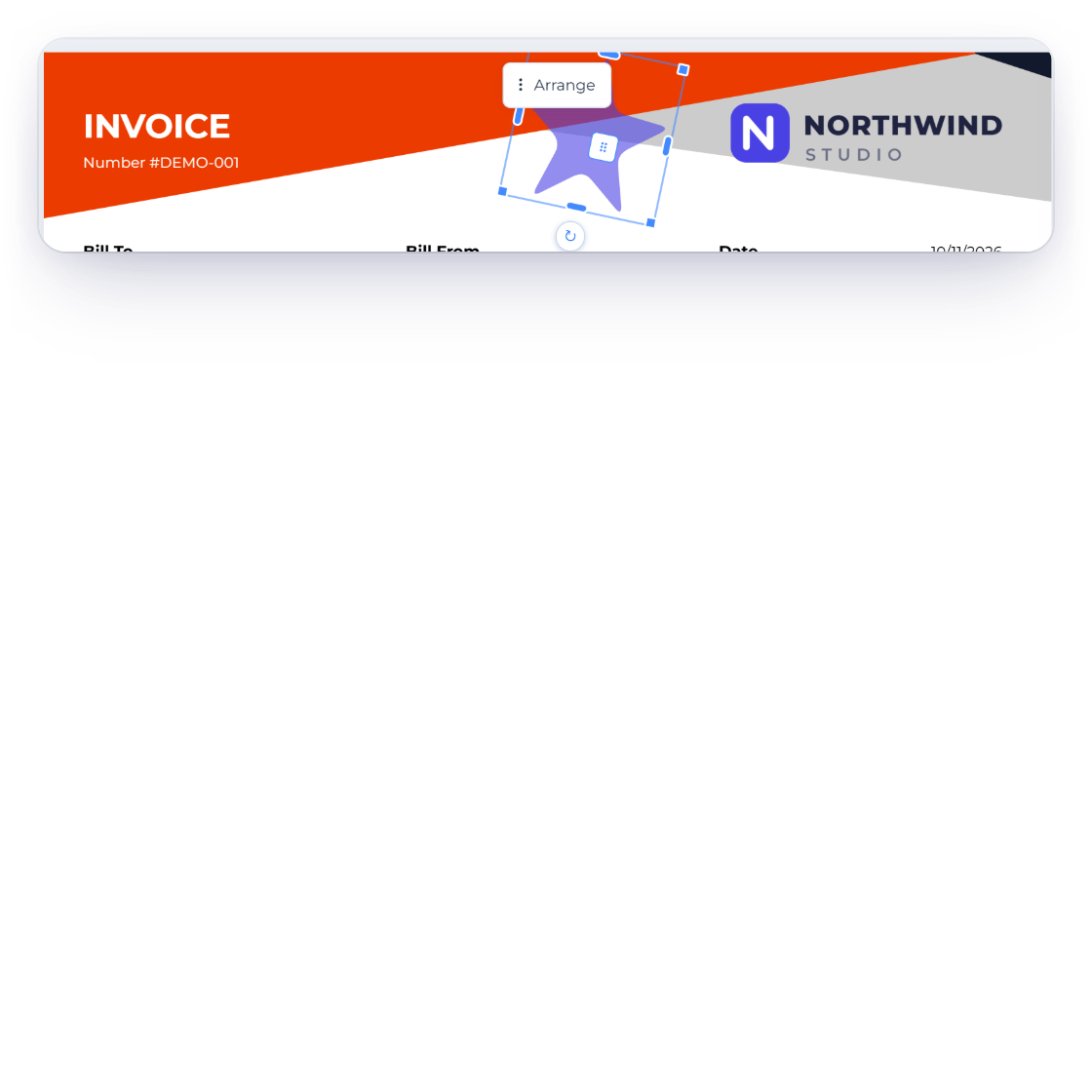The Invoice Crowd template builder with a star shape added behind the invoice header and its Width, Height, Rotation, Corner rounding and Opacity controls, and the business logo selected with resize handles and Logo size