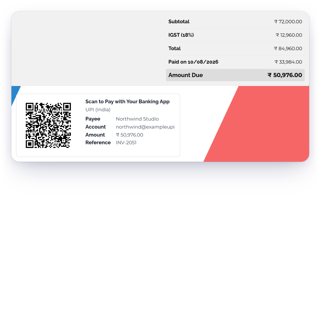 Invoice Crowd invoice INV-2051 after a part payment: Paid on 10/08/2026 33,984.00 rupees and Amount Due 50,976.00, with the Bank QR code now asking for 50,976.00 and carrying INV-2051 as the reference