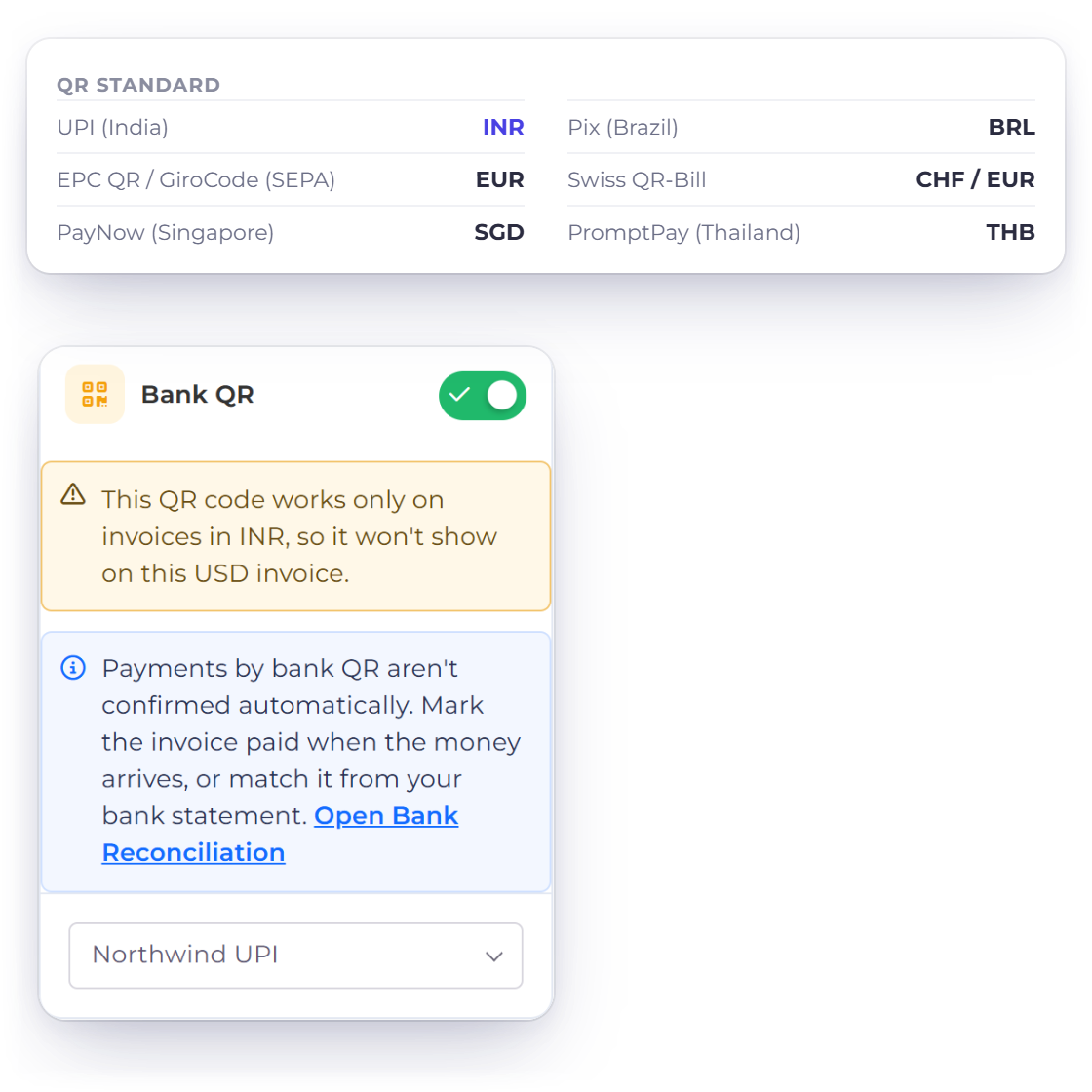 The six Invoice Crowd Bank QR standards with the currency each one serves, and the invoice editor warning that a UPI code works only on INR invoices so it will not show on a USD invoice