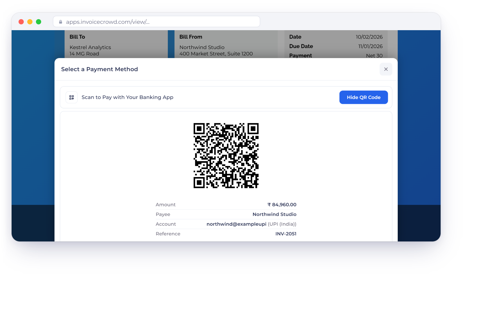 An Invoice Crowd invoice INV-2051 for Kestrel Analytics with the Select a Payment Method sheet open on Scan to Pay with Your Banking App: a UPI QR code for 84,960.00 rupees with the payee, account and the invoice number as reference, next to the same code printed on the invoice PDF