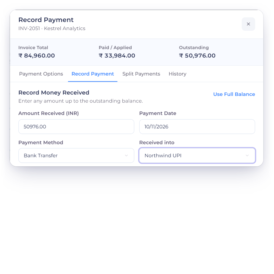 Invoice Crowd Record Payment for INV-2051, Kestrel Analytics: 50,976.00 rupees outstanding received by Bank Transfer into the Bank QR account Northwind UPI, which pays the invoice in full