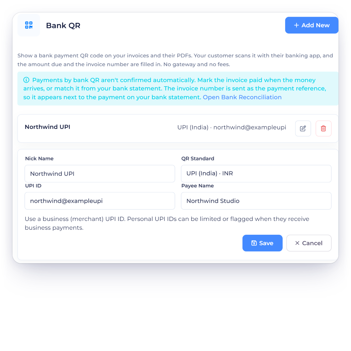 Invoice Crowd Payment Methods on Bank QR with the account Northwind UPI open: QR Standard UPI (India) · INR, the UPI ID and Payee Name, and the note that bank QR payments are confirmed by you