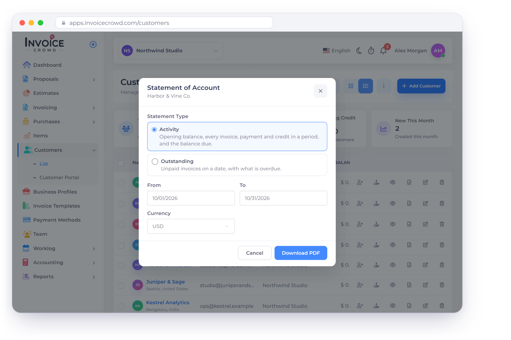 The Invoice Crowd Customers list with the Statement of Account dialog open for Harbor & Vine Co.: Activity selected, From 10/01/2026 To 10/31/2026, Currency USD and Download PDF, next to the statement PDF with its 13,400.00 USD amount due