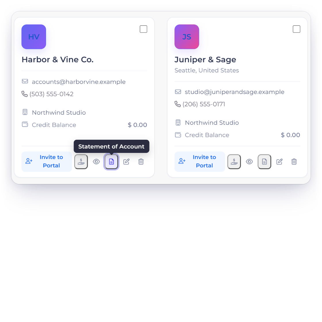 Invoice Crowd Customers in grid view with the Statement of Account icon on the Harbor & Vine Co. card, and the dialog dates filled in for this month with the currency choice