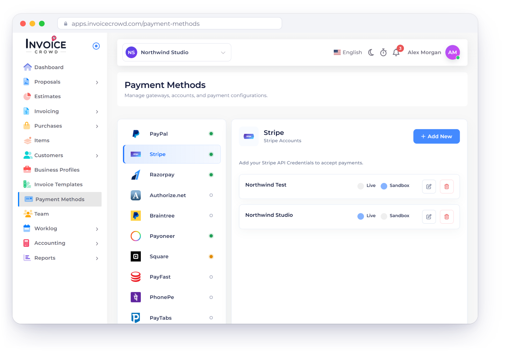 The Invoice Crowd Payment Methods screen with the gateway list open on Stripe and its accounts, the 15 payment gateways from PayPal and Stripe to PhonePe and Paystack, and Direct Pay Link, Payment Note and Bank QR at the end of the list