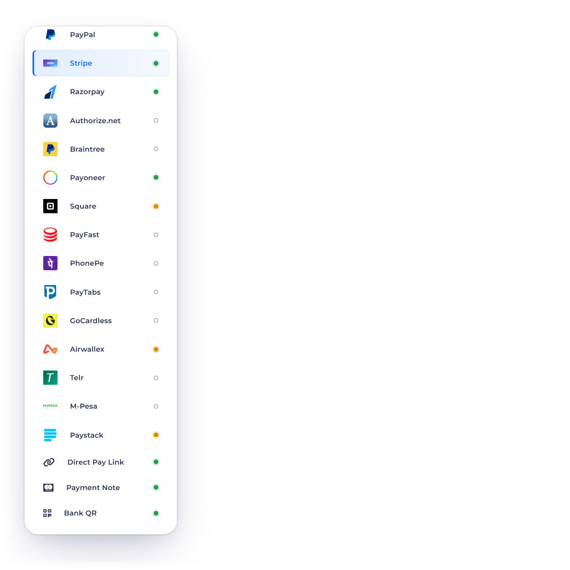 Invoice Crowd gateway list beside regional options: Paystack for Nigeria, Ghana, Kenya and South Africa, M-Pesa for Kenya in KES, PayFast for South Africa in ZAR, Razorpay and PhonePe for India, PayTabs and Telr for the Middle East, and the multi-market providers