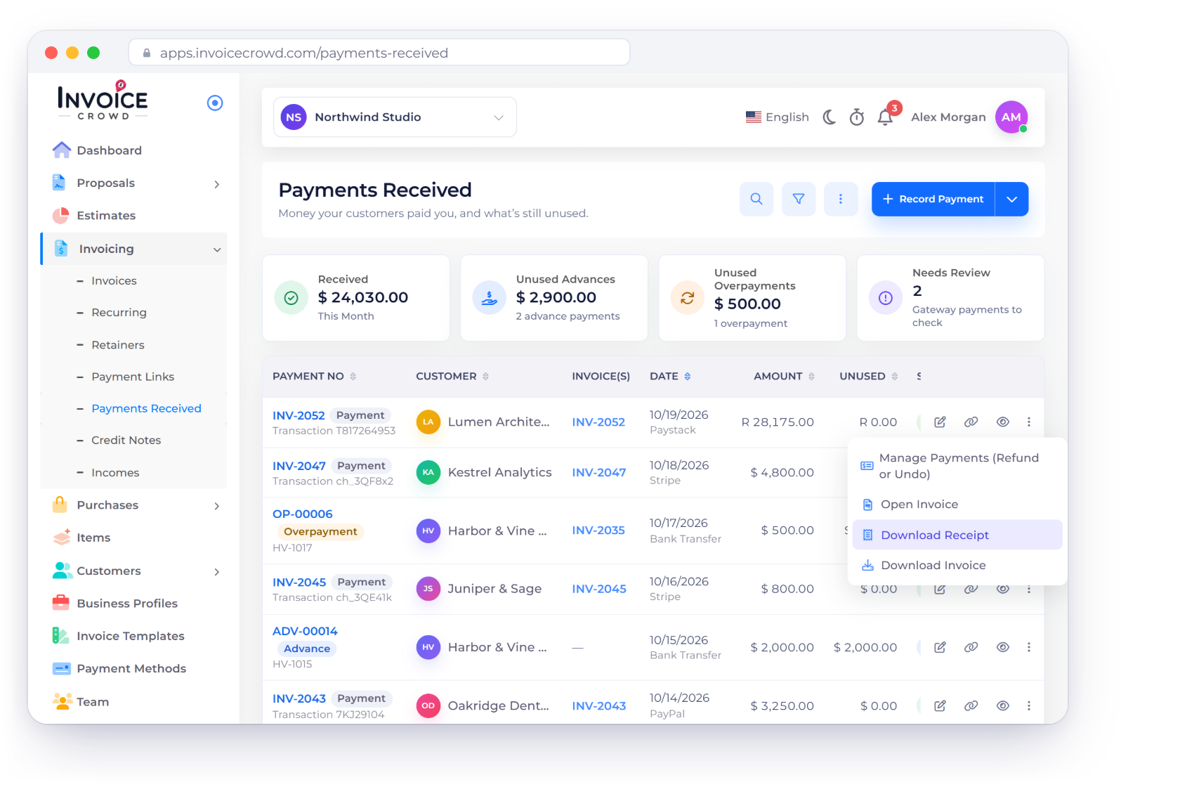 The Invoice Crowd Payments Received list with the Received, Unused Advances, Unused Overpayments and Needs Review tiles, a Paystack payment for INV-2052 at the top with its row menu open on Download Receipt, and the payment receipt that goes with the confirmation email