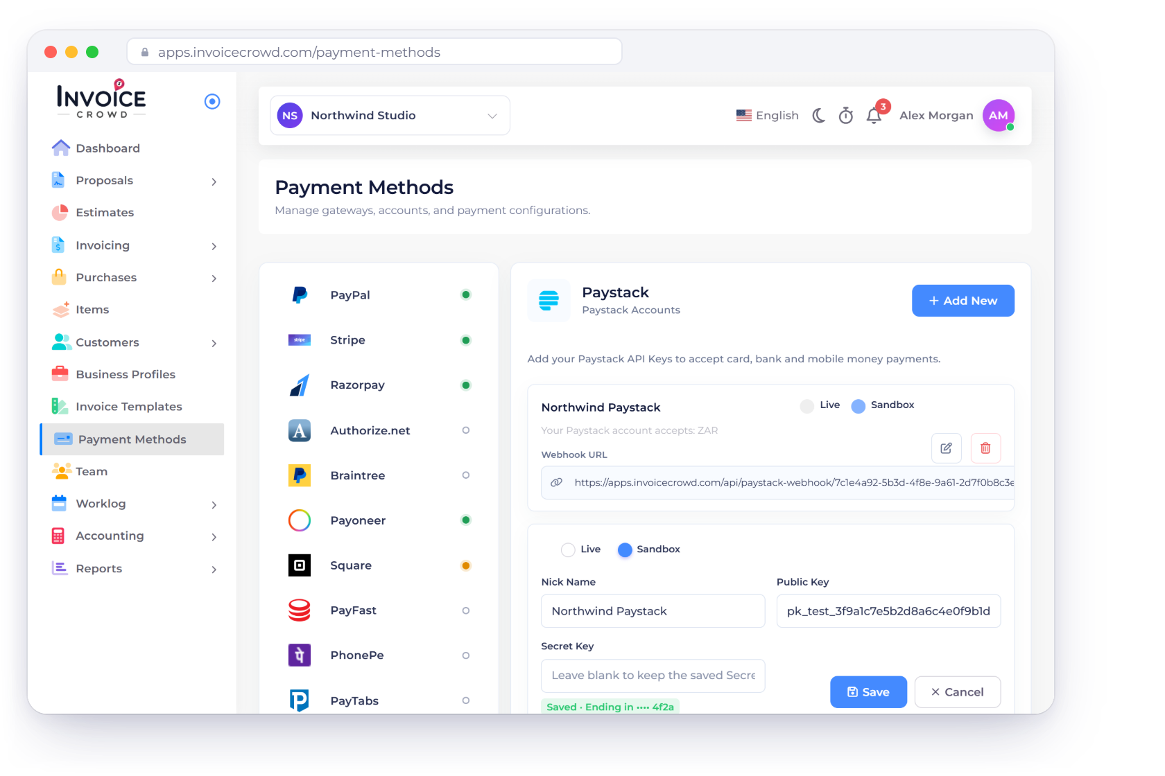 Invoice Crowd Payment Methods on the Paystack tab: the Northwind Paystack account in Sandbox with Your Paystack account accepts: ZAR, its Webhook URL, and the edit form where the Secret Key shows only as Saved · Ending in, next to Paystack in the gateway list