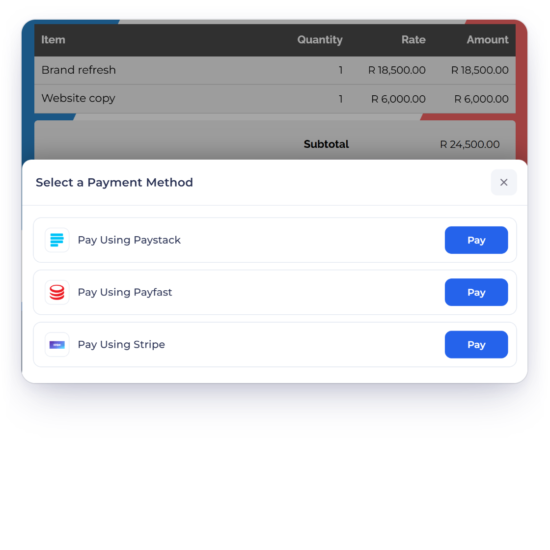 An Invoice Crowd invoice INV-2052 for Lumen Architects in South African rand with the Select a Payment Method sheet offering Pay Using Paystack, Pay Using Payfast and Pay Using Stripe