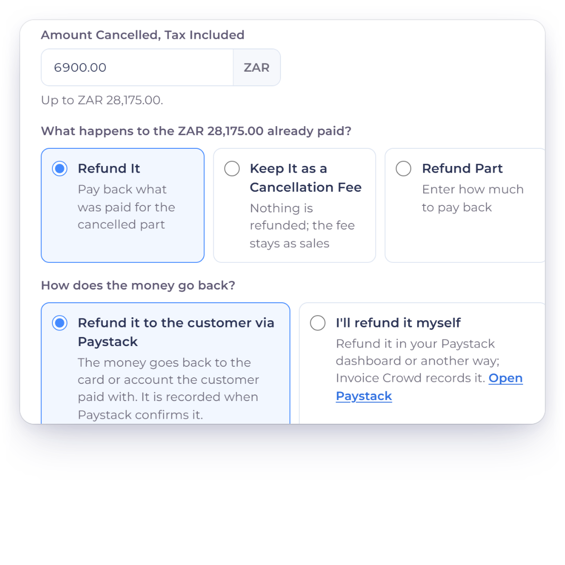 The Invoice Crowd Refund window for INV-2052, Lumen Architects, with 6,900.00 rand cancelled, Refund It, and How does the money go back set to Refund it to the customer via Paystack