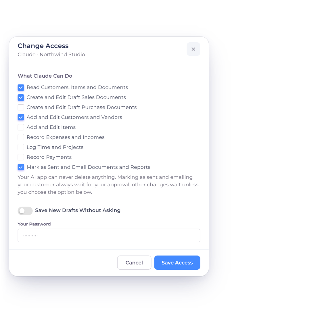 Invoice Crowd Change Access window for Claude with the access areas ticked, Sending as its own area, the Save New Drafts Without Asking switch and the password field