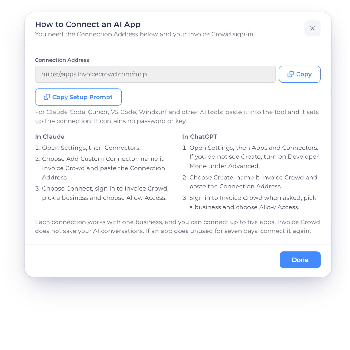 Invoice Crowd How to Connect an AI App window with the Connection Address, Copy Setup Prompt for coding tools, and the steps for Claude and ChatGPT