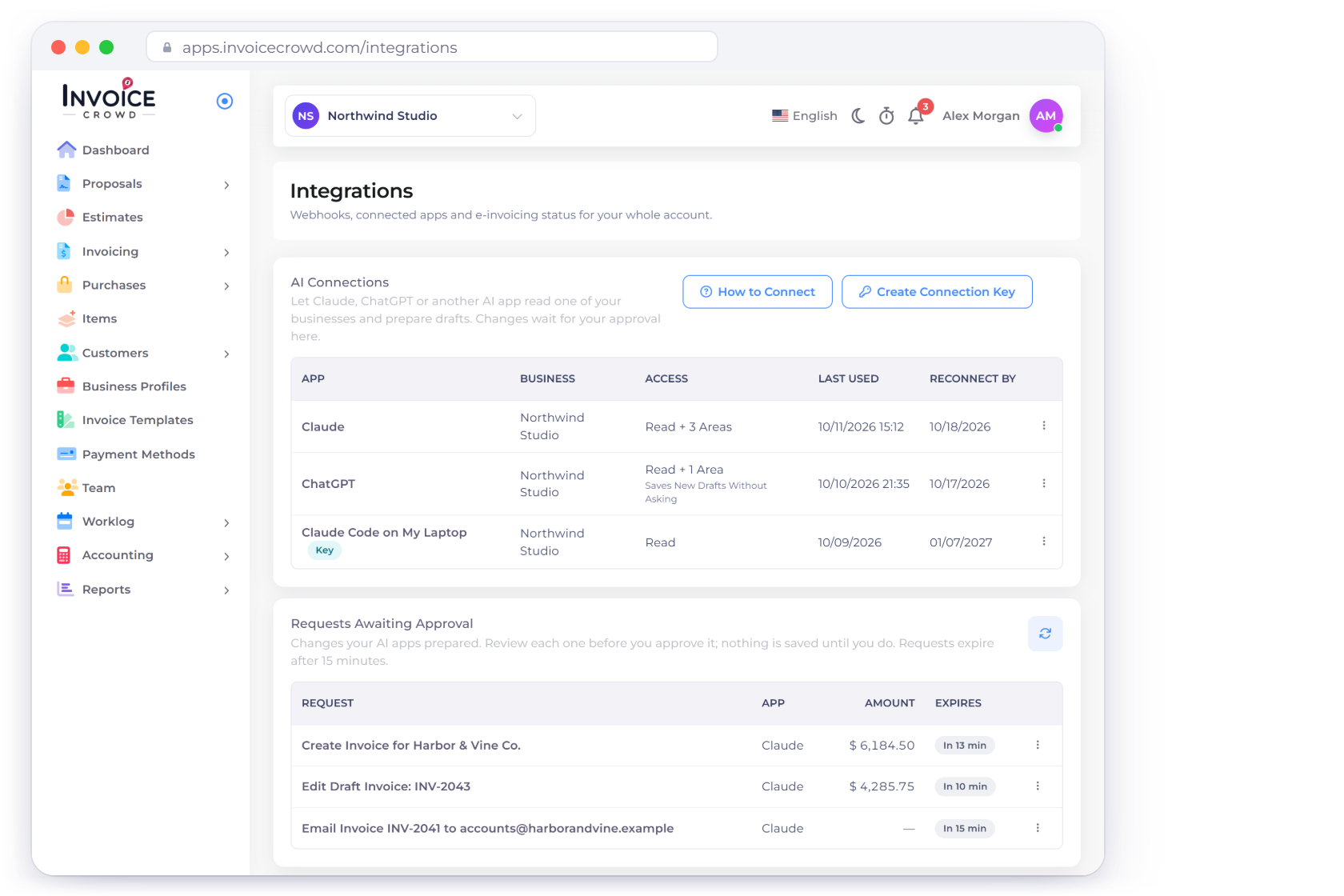 Invoice Crowd Integrations page with AI Connections for Claude, ChatGPT and a connection key, and Requests Awaiting Approval listing a draft invoice, a draft edit and an email that wait for the owner