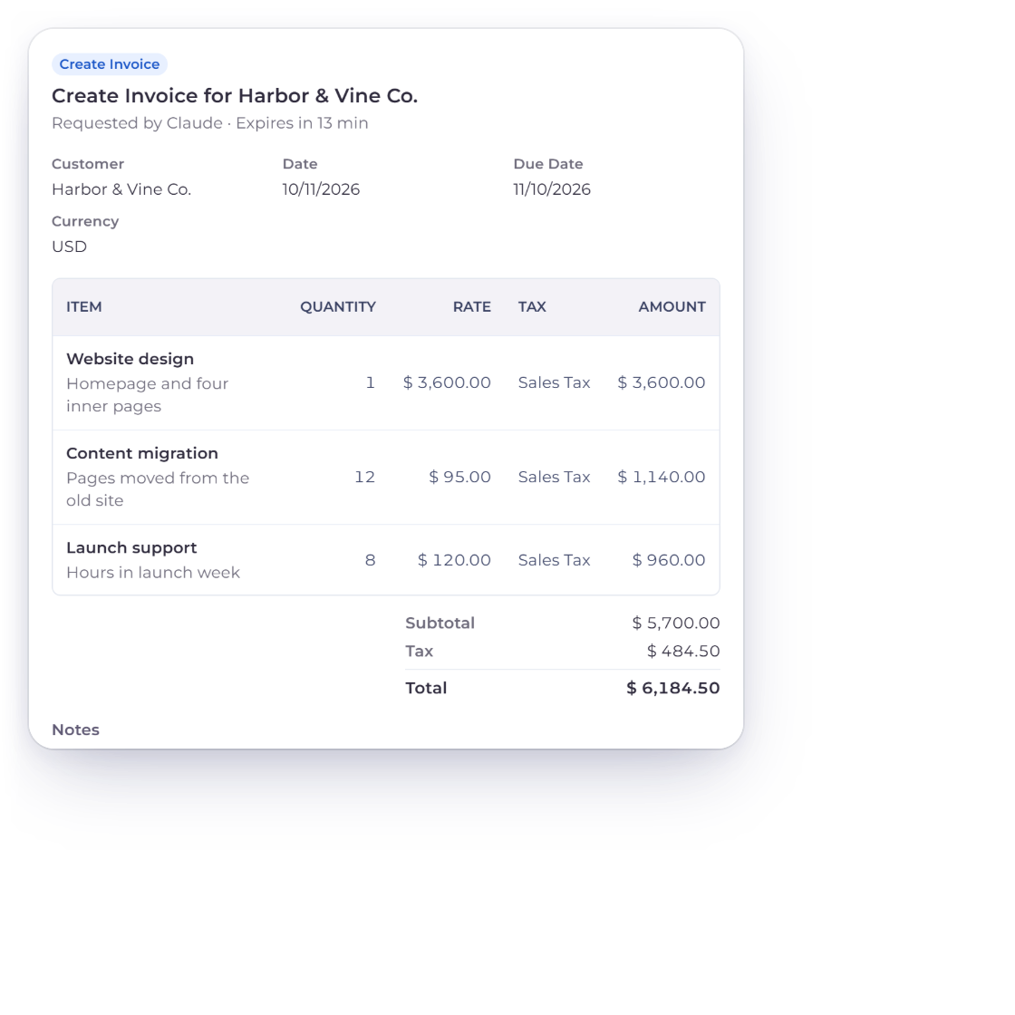Invoice Crowd Review Request page for a draft invoice Claude prepared for Harbor & Vine Co., with its lines, sales tax and total, and the password and Approve button