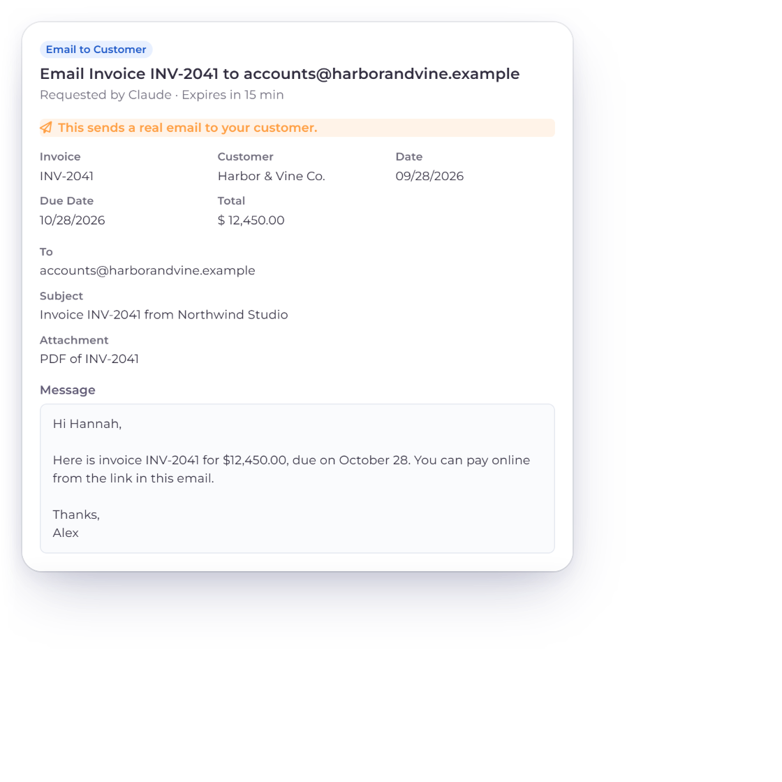 Invoice Crowd Review Request page for emailing invoice INV-2041 to Harbor & Vine Co., with the real-email warning, recipient, subject, message and the Approve and Send button