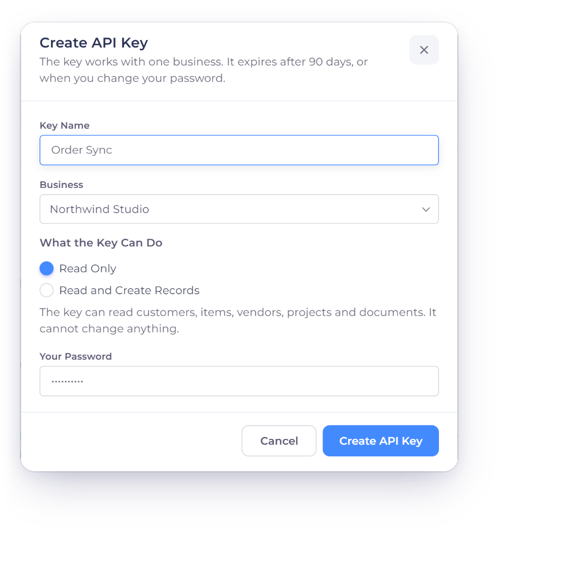 Invoice Crowd Create API Key window with the key name, one business, Read Only access and the password confirmation