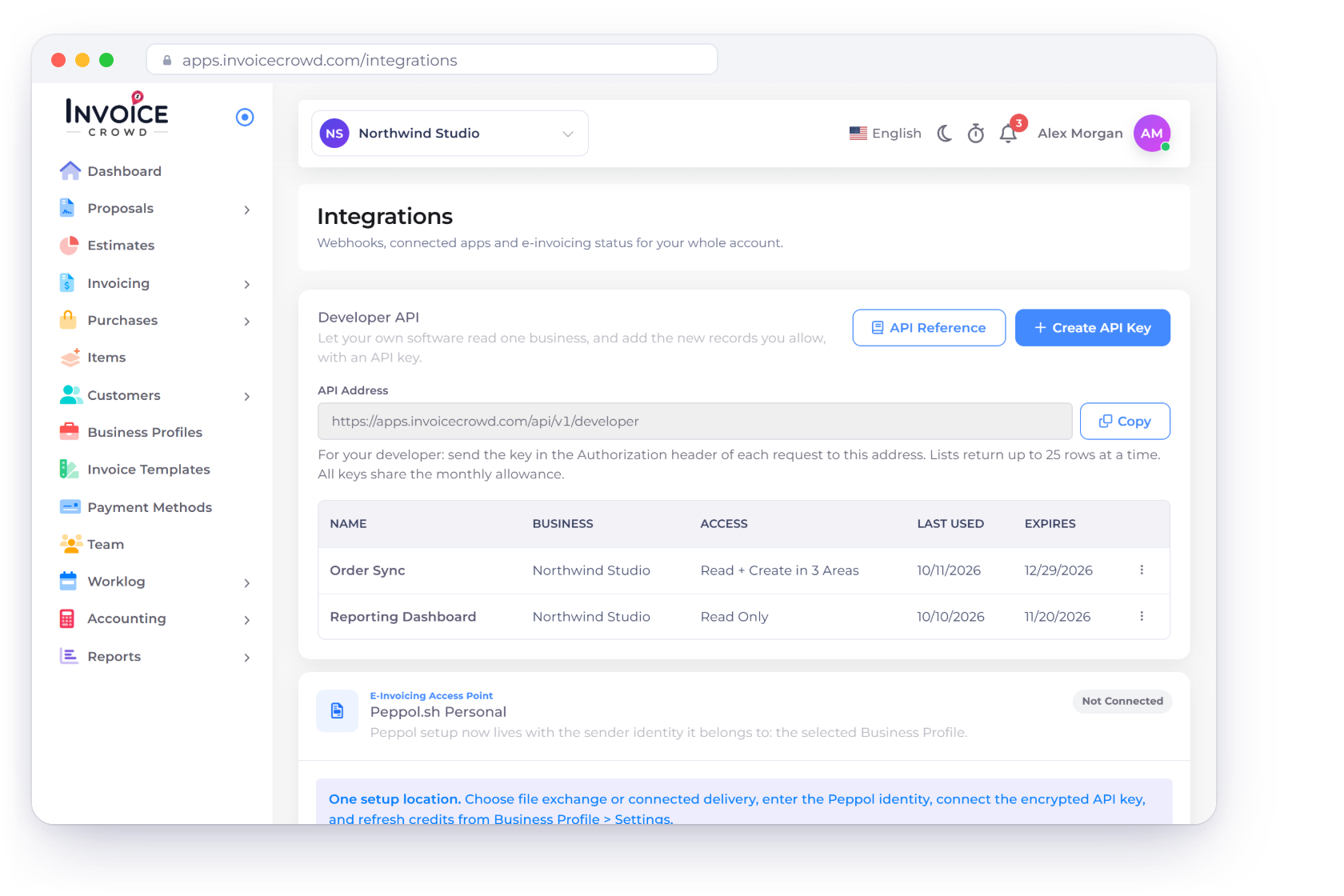 Invoice Crowd Integrations page with the Developer API card, its API Address and two keys for Northwind Studio, one Read Only and one that reads and creates in three areas