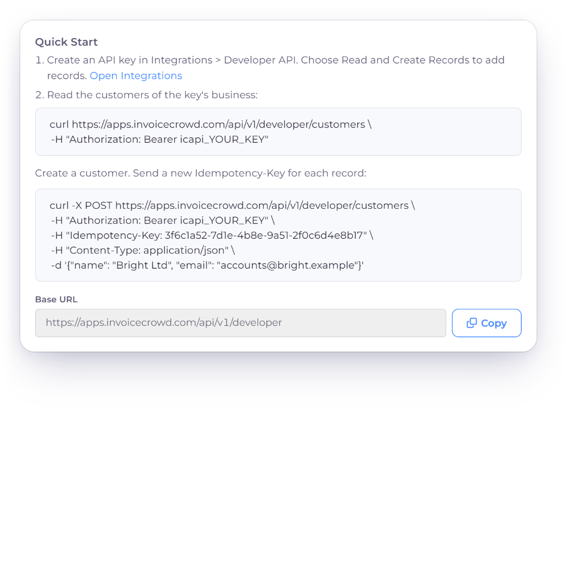 Invoice Crowd API Reference Quick Start with the curl examples and Base URL, and a sample customers response for the key's business