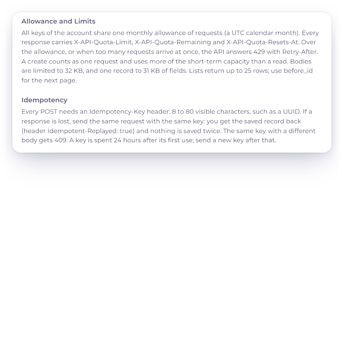 Invoice Crowd API Reference allowance and idempotency rules, with a create sent twice under the same Idempotency-Key returning the same draft invoice instead of a duplicate