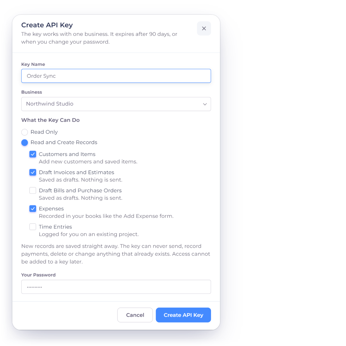 Invoice Crowd Create API Key window with Read and Create Records chosen and Customers and Items, Draft Invoices and Estimates and Expenses ticked