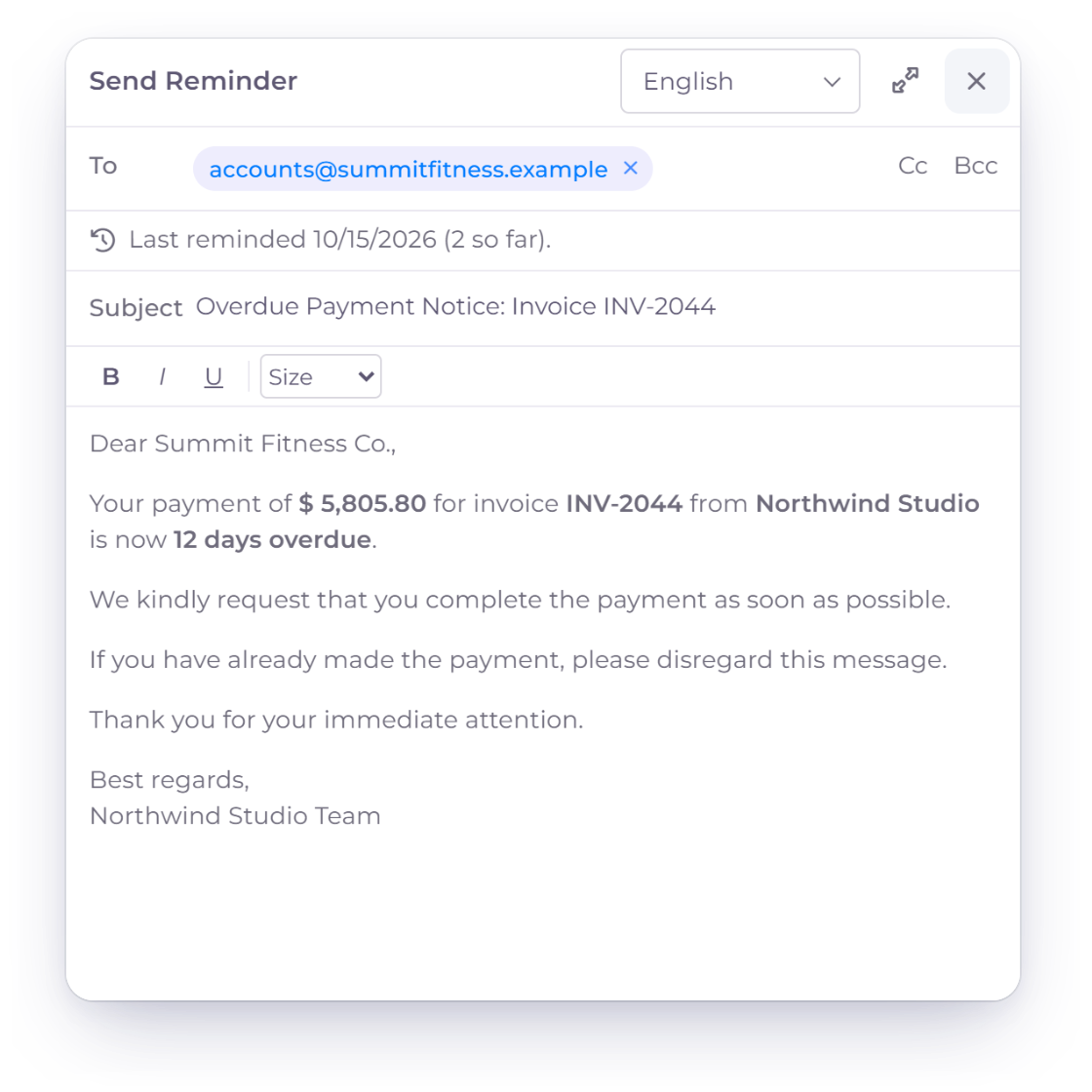 The Invoice Crowd send window in reminder mode with the Overdue Payment Notice for INV-2044 showing the amount outstanding with the late fee and the last reminded date, and the Reminder Option days ticked on the invoice