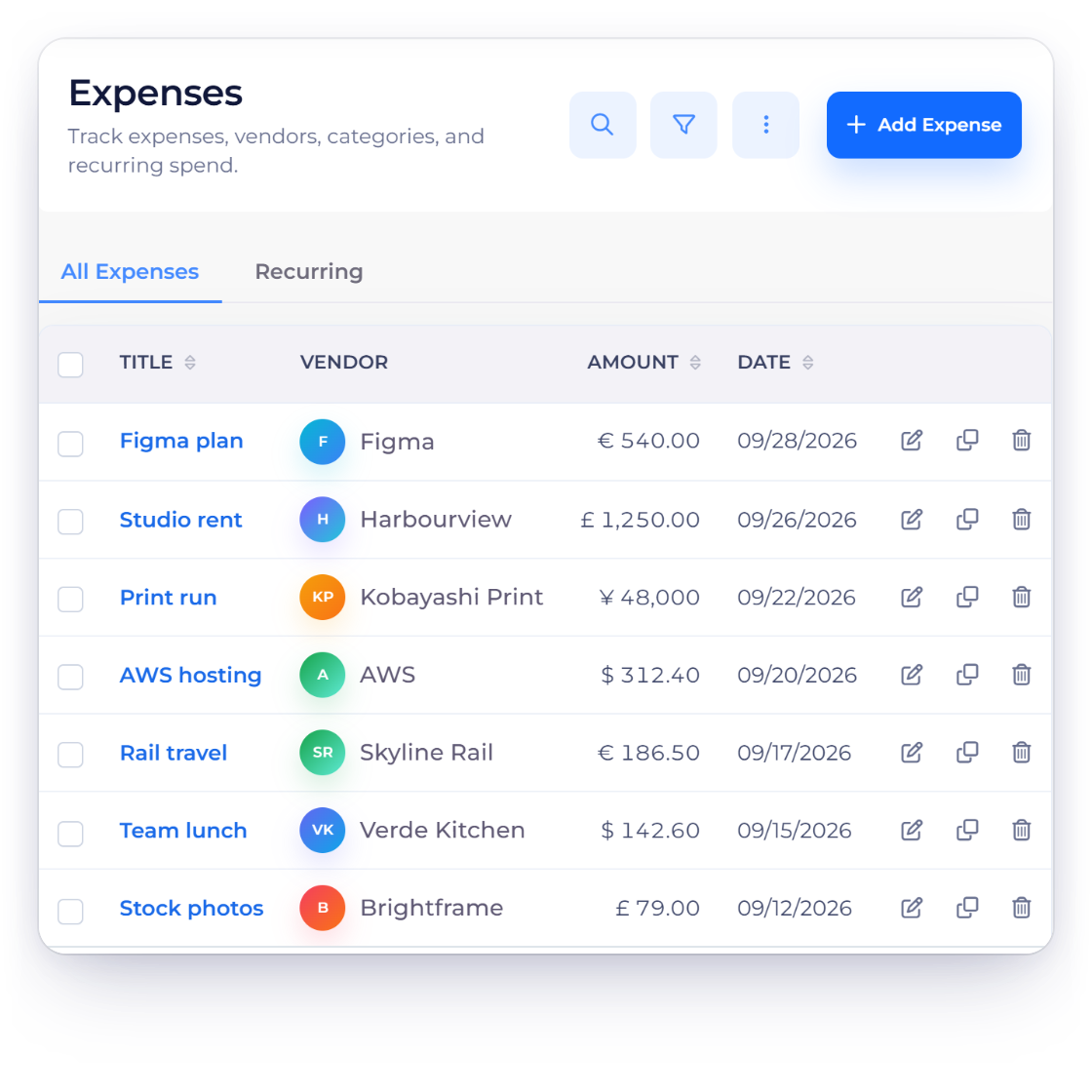 Invoice Crowd Add Expense form for a euro expense dated 08/14/2026, with Currency Conversion prefilled with the verified saved daily rate for 2026-08-14 and the amount in the US dollar accounting currency, over the expenses list