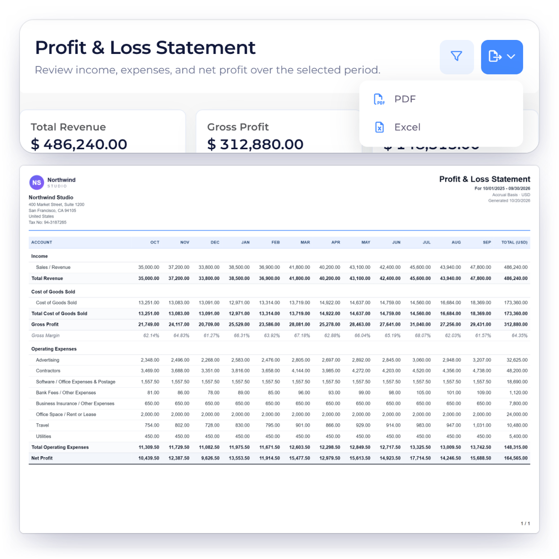 Invoice Crowd Profit and Loss Statement with the Export menu open on PDF, and the PDF it downloads: a letterhead with the Northwind Studio logo, address and tax number, the period, Accrual Basis and USD, every month with its total, and the file name made of the business, the report and the period