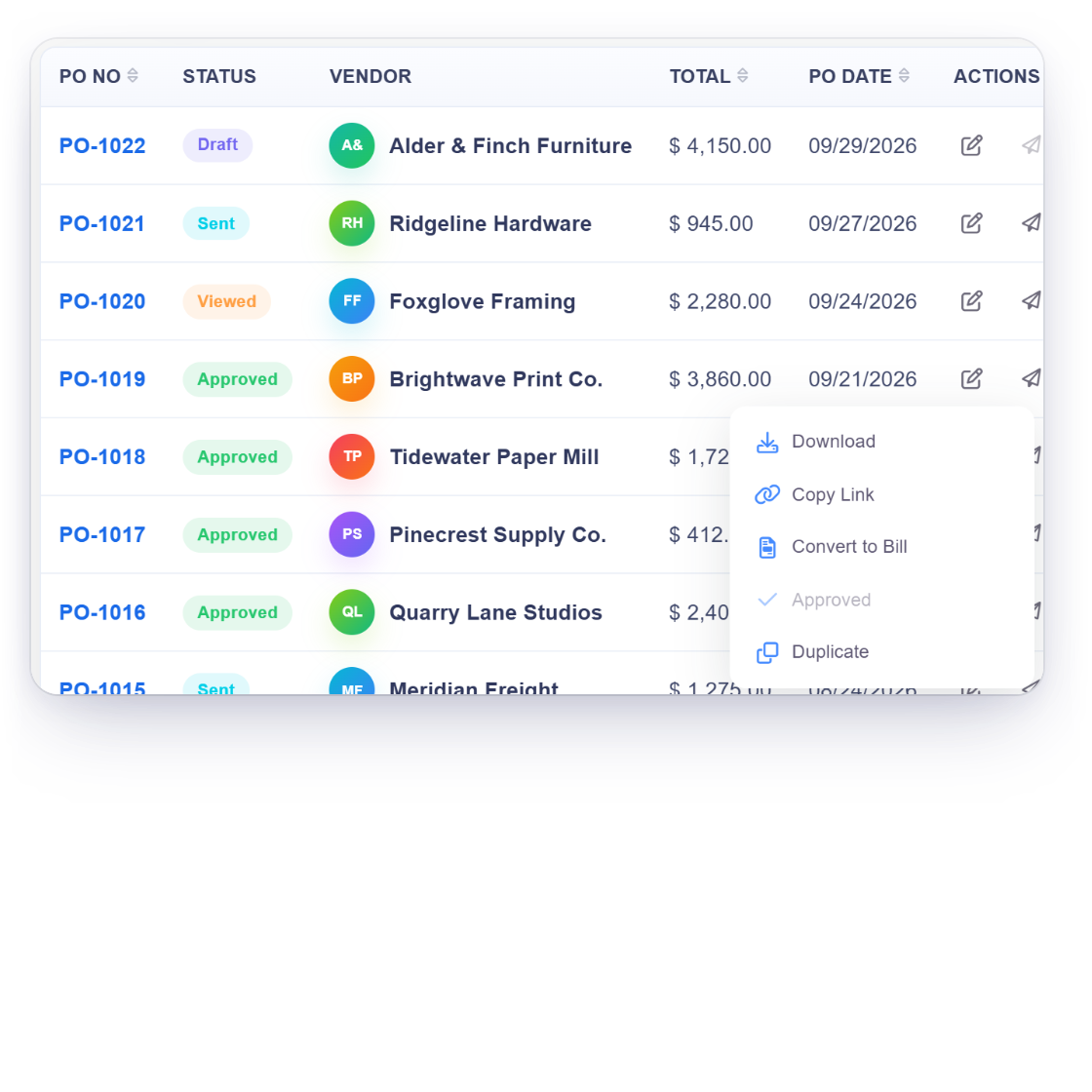 Invoice Crowd purchase orders list with the row menu of approved order PO-1019 open on Convert to Bill, the Convert to Bill confirmation, and the draft bill it creates with its due date set from the business payment terms