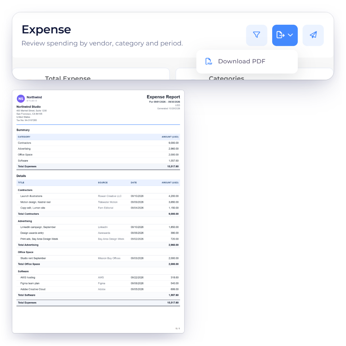 Invoice Crowd Expense report with the Export menu open on Download PDF, and the PDF it downloads: a letterhead with the Northwind Studio logo, address and tax number, the period and currency, the summary by category and every expense, and the file name made of the business, the report and the period