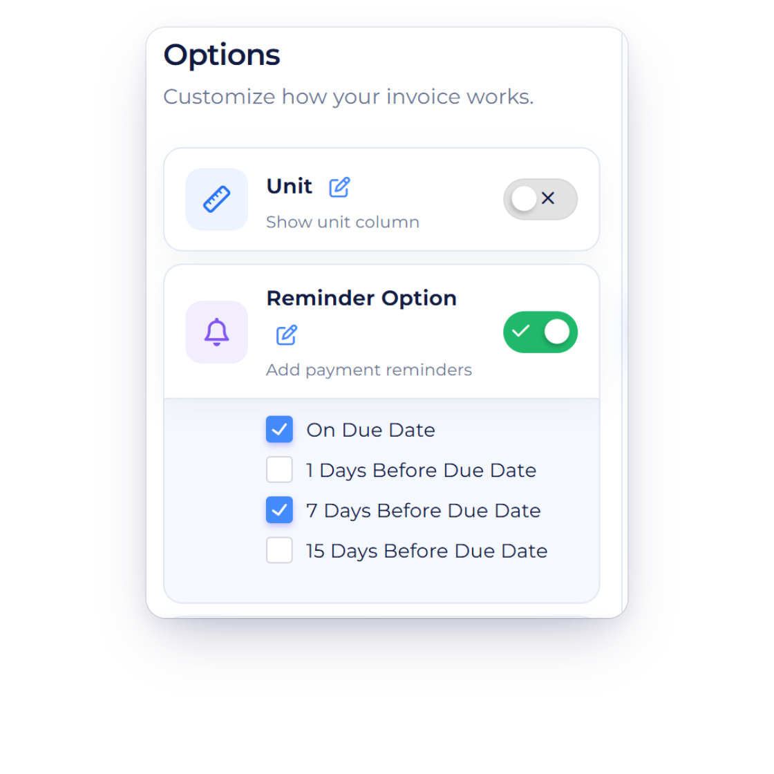 Invoice Crowd invoice Options with Reminder Option on, On Due Date and 7 Days Before Due Date ticked from the business reminder list, and the pencil beside Reminder Option that opens the business defaults