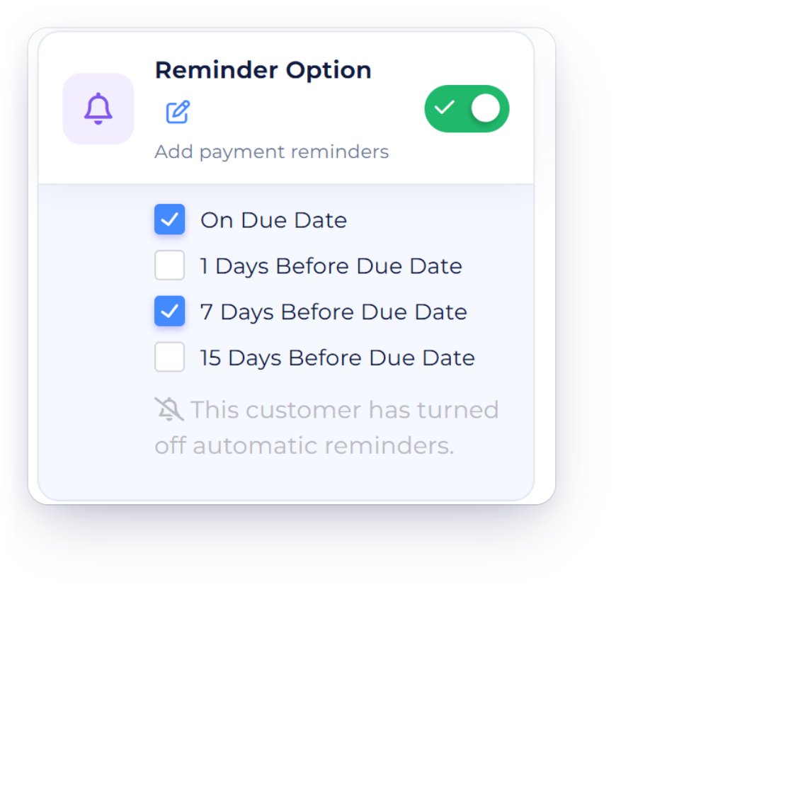 Invoice Crowd customer setting Don’t send automatic reminders to this customer, and the invoice Reminder Option noting that this customer has turned off automatic reminders