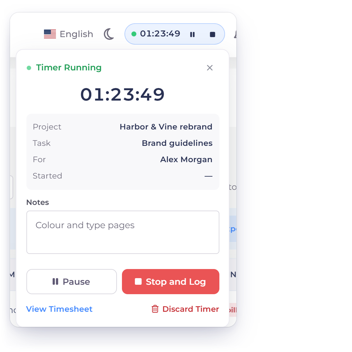 The Invoice Crowd header timer running on the Harbor and Vine rebrand project and Brand guidelines task, with Pause, Stop and Log, and Discard Timer, and the notice shown when a timer is stopped under 30 seconds