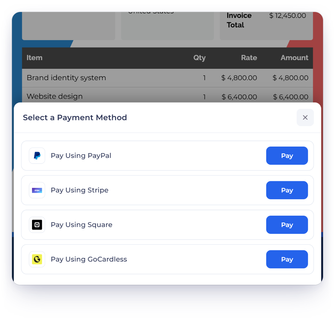 An Invoice Crowd invoice open on the client side with the Select a Payment Method sheet offering PayPal, Stripe, Square and GoCardless side by side